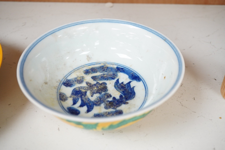 A Chinese yellow ground ‘dragon’ dish and bowl, Ming dynasty marks but later, 19cm diameter